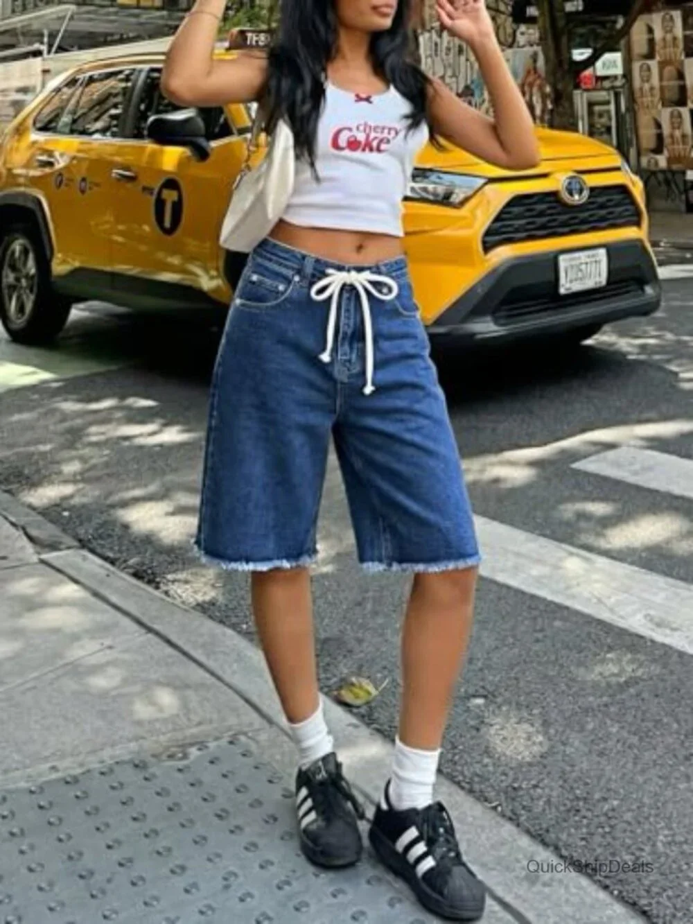 High Waisted Denim Shorts Bermuda Baggy Drawstring Raw Hem Jorts Knee Length